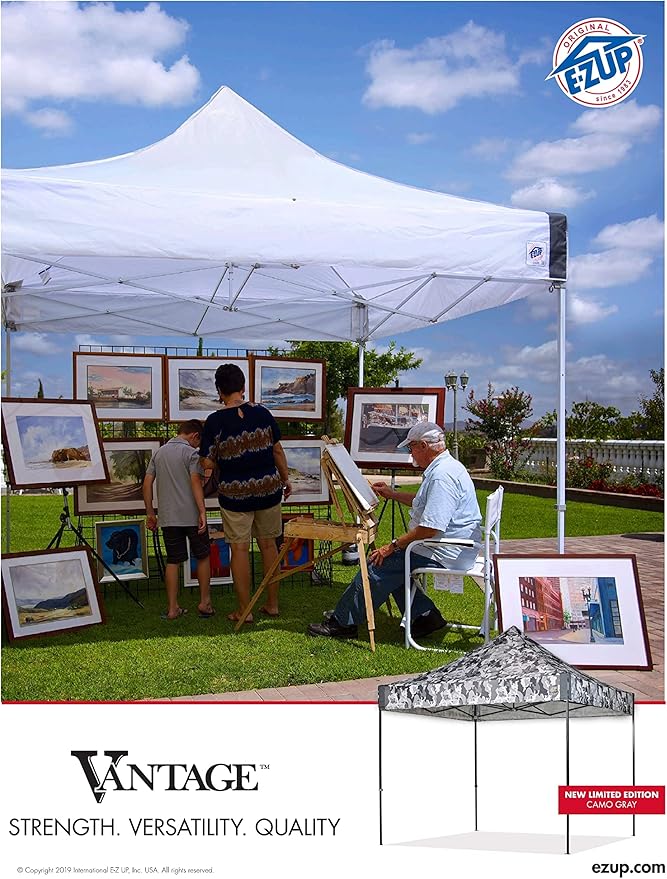 E-Z UP Vantage Instant Shelter Canopy, 10' x 10', Steel Gray Powder-Coated Steel Frame with Wide-Trax Roller Bag & 4 Piece Spike Set, Black