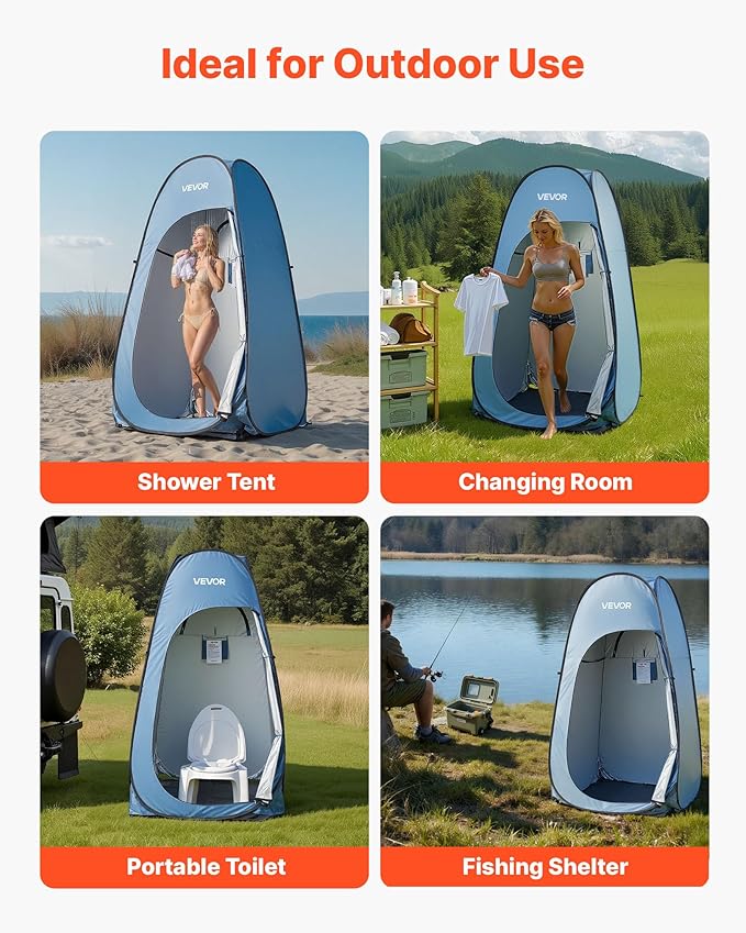 VEVOR Pop up Shower Tent, Instant Portable Privacy Tent Changing Room with Hanging Bag, Ground Stakes, Ropes, Carry Bag, 190T Polyester with Silver Coating, Quick Setup, for Camping, Beach, Fishing