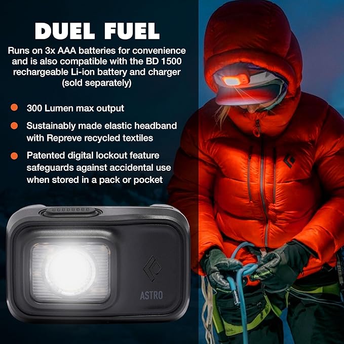 BLACK DIAMOND Astro 300 Headlamp | 300 Lumens Brightness | 3X AAA Battery Operated (Included) | Compact & Lightweight | Ops Black