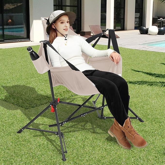 Hammock Folding Camping Chair - Outdoor Portable Swing Camp Chairs Set of 2 with Stand Adults Rocking Swinging Chair for Beach Lawn Patio (Khaki)