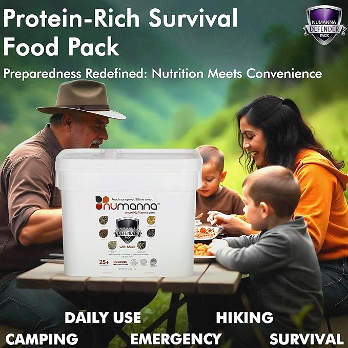 Numanna Defender Pack with Meat Bucket 1,296 Servings | 6-Months Emergency Food Supply with Protein | Easy-to-Prepare Survival Meals for Camping & Daily Use | 25+ Year Shelf Life | Made in USA