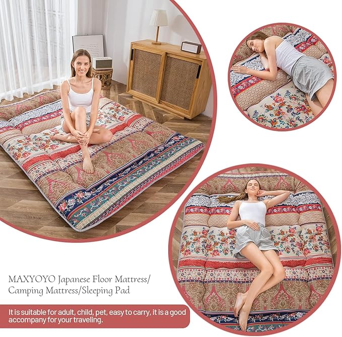 MAXYOYO Bohemian Retro Floor Mattress Vintage Floral Japanese Futon Mattress Roll Up Thicken Sleeping Bed Portable Camping Mattress Floor Lounger Couch Bed Mattress Pad, Twin Size