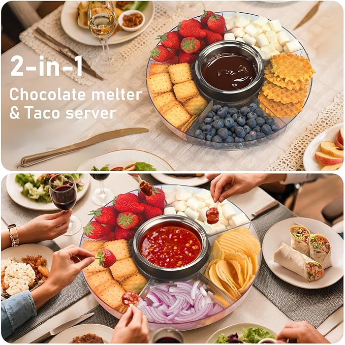 FEPPO Cordless Electric Fondue Pot Set with Mood Light, 2*4500mAh Rechargeable Battery Powered, 7 Game Cards & Detachable Taco Serving Tray, Melted Chocolate Cheese for Outdoor Indoor Parties Camping