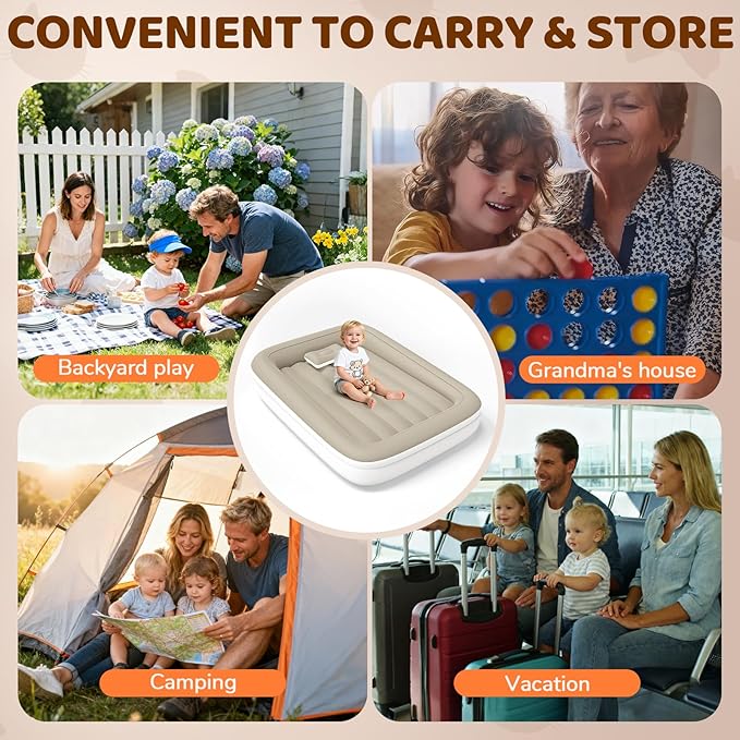 Inflatable Toddler Travel Bed - 53 Inches Portable Toddler Air Mattress with Four Safety Sides - High-Speed Pump and Carry Bag - Comfortable Mattress & Easy to Inflate and Deflate - Apricot