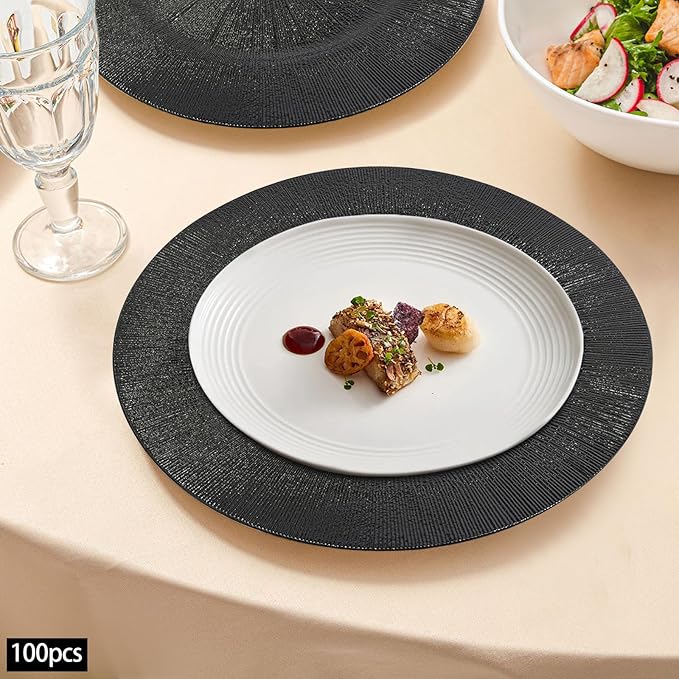 100 PCS Charger Plates Bulk, 13 Inch Decorative Round Dinner Plates, Plastic Dinner Chargers Bulk Serving Plate for Birthday Parties, Holidays, Weddings (Black)