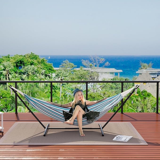 Double Hammock with Steel Stand - 2 Person Hammock Bed Indoor Outdoor, Brazilian-Style, with Carry Bag, 450lb Capacity, Portable & Easy Assembly, Ocean