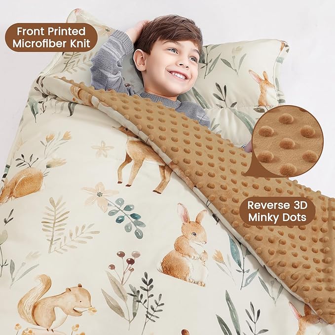 PHF Toddler Nap Mat with Removable Pillow and Minky Fleece Blanket, Rollup Design Warm Slumber Bags for Boys Girls, 52"x20"x2" Kids Sleeping Bag for Daycare Preschool Travel Camping, Woodland & Animal