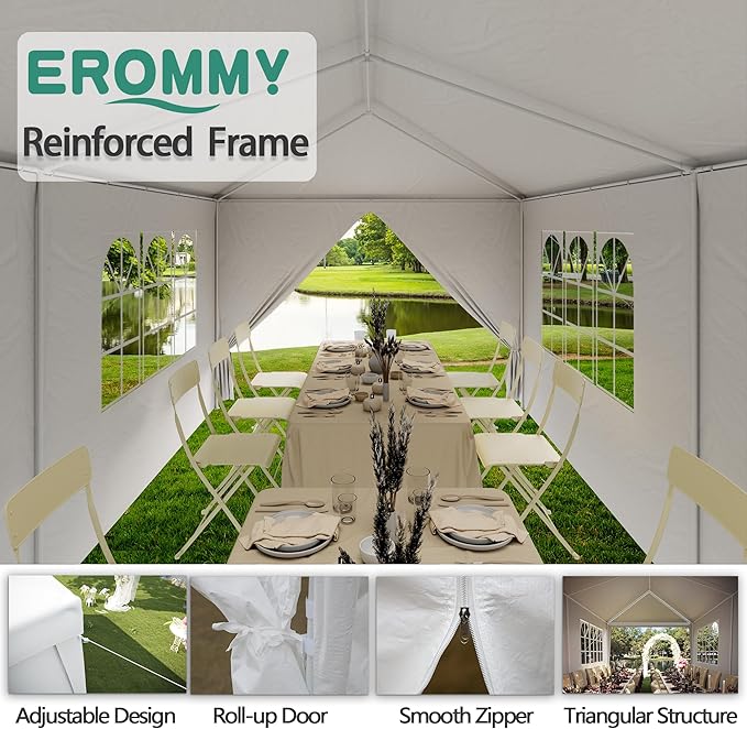 EROMMY Outdoor Party Tent 10x20 FT, Waterproof Canopy with 4 Removable Sidewalls and 2 Zipper Doors for Weddings, Events, Backyard Parties, White
