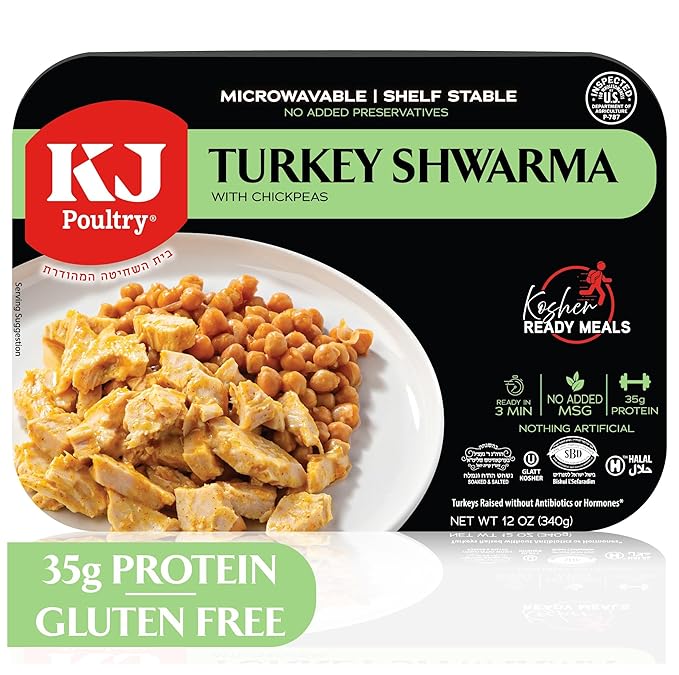 KJ Poultry Kosher Ready Meals - Turkey Shwarma, MRE Meat Meals Ready to Eat, Gluten Free, Halal, (1 Pack) Prepared Entree Fully Cooked, Shelf Stable Microwave Dinner, Travel, Military, Camping
