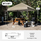 CROWN SHADES 8x8 Pop Up Canopy - Patented Center Lock One Push Instant Outdoor Canopy Beach Tent with STO-N-Go Bag 8 Stakes & 4 Sand Bags，Beige