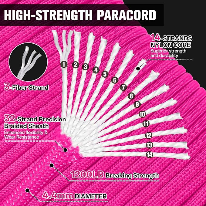 1200 Paracord Rope - 4.4mm 14 Strand Nylon Parachute Spool para Cord Lanyard for Outdoor Camping Survival Utility Tent Crafting DIY Projects Fishing Clothsline Bracelet - Neonpink 100FT