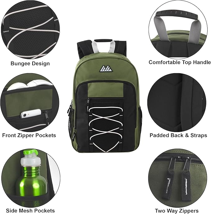 Trail maker (24 Pack) 18 Inch Heavy Duty Bulk Dual Compartment Bungee Backpacks for College, Homeless, Men, Women (Dark Colors Pack)