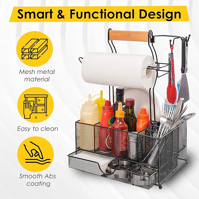 BBQ Grill Caddy with Paper Towel Holder, Utensil & Condiment Organizer, Large Metal BBQ Caddy for Outdoor Grill, Camping, RV, Tailgating, Picnic, Patio, Gifts for Men