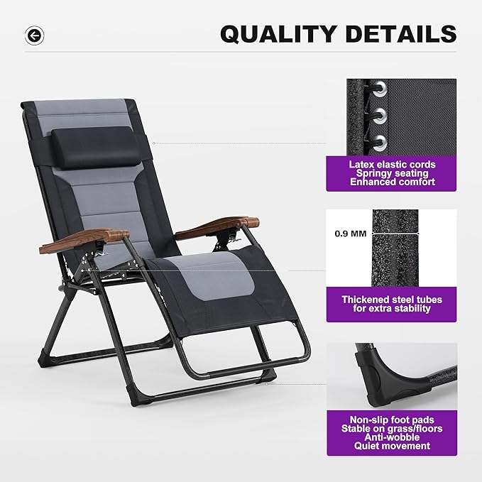 PURPLE LEAF Oversized Outdoor Reclining Chair Patio Zero Gravity Chaise Lounge Folding Chair with Quilted Cushion Adjustable Headrest for Lawn Camping Beach Pool Black and Grey