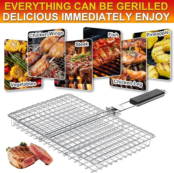 Grill Baskets for Outdoor Grill|Stainless Steel Large Grilling Basket with Removable Wooden Handle|Fish Grilling Basket Grilling for Meat,Steak,Vegetables & Seafood| Grilling Gifts for Dad/Men,Perfect Grilling Accessories