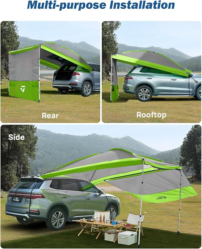 JOYTUTUS Versatile Vehicle Awning with 3 Removable Sides, Large Car Awning 11.5FT * 7.9FT, UV50+ and Waterproof PU2000mm Truck Canopy, SUV Camping Sunshade with 8 Storage Pockets,Gray Green