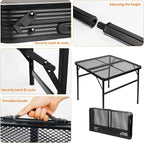 Square Folding Card Table with Adjustable Height (12" & 26"), Black Portable Metal Mesh Table for Camping, BBQ, Picnic, Game, Patio & Indoor Use, Fits 2–4 People, Lightweight 7.6 lb, Supports 66 lb