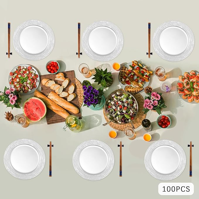 100 PCS Antique Charger Plates Bulk, 13'' Plastic Embossed Dinner Plate Chargers Round Floral Plates for Wedding Decorative Chargers for Table Dinner Kitchen Party Decoration (Silver)