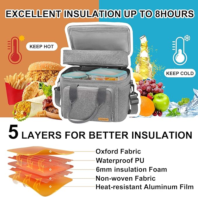 Lunch Bag-Double Deck Insulated Lunch Box for Men Women, Soft Leakproof Thickened Cooler Bag for Work, Picnic, Outdoor, Camping, Travel (Gray，15L)
