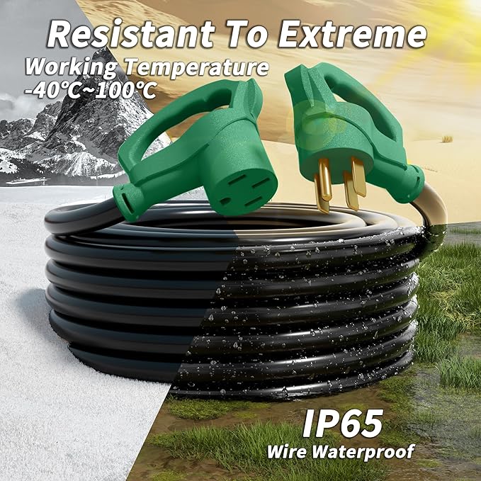NEMA 14-50P/14-50R 75 FT 40 Amp RV/EV Extension Cord Outdoor with Grip Handle, 4 Prong Flexible Heavy Duty STW RV Power Cord Waterproof, 40A 125/250V 5000/10000W, Black-Green, ETL Listed