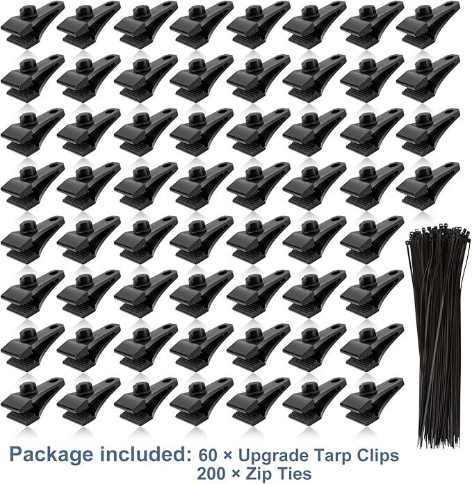 60PCS Upgrade Large Tarp Clips Heavy Duty Lock Grip Tarp Clamps Thumb Screw Tent Clamps with 200 Pcs Zip Cable Ties for Swimming Pool Cover Awnings Outdoor Camping Caravan Canopies Car Covers