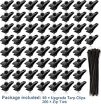 60PCS Upgrade Large Tarp Clips Heavy Duty Lock Grip Tarp Clamps Thumb Screw Tent Clamps with 200 Pcs Zip Cable Ties for Swimming Pool Cover Awnings Outdoor Camping Caravan Canopies Car Covers