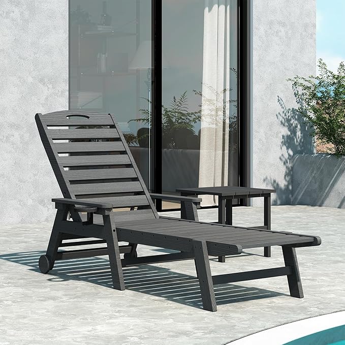 Domi Outdoor Chaise Lounge Chair with Table, HDPE Outdoor Lounge Chair with Reclining Backrest, Patio Chaise Lounger for Poolside, Outside Sunbathing Tanning, Grey