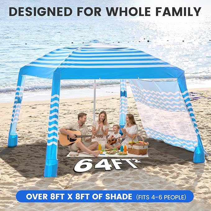 Zeraty Beach Cabana 8'×8', Portable Beach Canopy with Side Wall, Easy Pop Up UPF 50+ Silver-Coated Beach Tent Sun Shelter, Wind Resistant Adjustable Height Beach Umbrella Tent for Family, Sky Blue