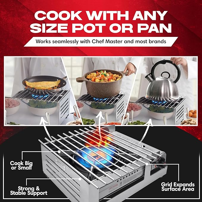 Chef Master Butane Stove Cover - Premium Stainless Steel Universal Fit - Any Standard Size Camping Stove - Portable Screen & Camping Wind Blocker - Camp Essentials for Outdoor & Indoor Cooking 90217