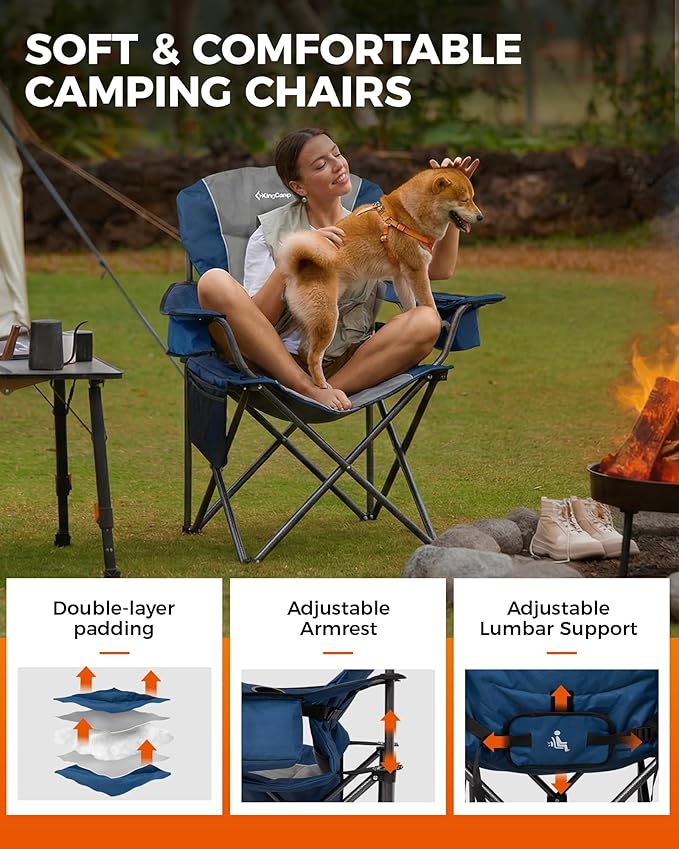 KingCamp Oversized Camping Folding Chair, Heavy Duty 450 LBS with Lumbar Support, Padded seat with Cup Holder&Cooler Bag, Ideal for Camp, Fishing, Sports Event, Backyard, Patio, Lawn(Blue/MediumGrey)