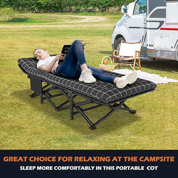ATORPOK Camping Cot for Adults with Cushion Comfortable, Portable Folding Bed for Sleeping, Lightweight Folding Bed with Carry Bag for Kids Supports 450 lbs (Black)