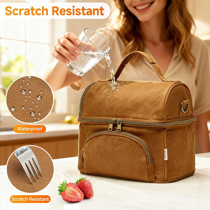 Lunch Box For Men with 2 XL icepacks,Sturdy Waxed Canvas Lunch Bag for Men,Soft adult Cooler Bag for Construction Sites,Work,Picnic and Hiking12-Can(10.5L) 10"x9.5"x7" (Biscuit Yellow)