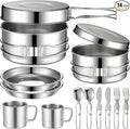 14-Piece Camping Cookware Set, 304 Stainless Steel Pots and Pans with 2 Sets of Cups, Plates, Forks, Knives, and Spoons for Camping, Backpacking, Outdoor Cooking, and Picnic