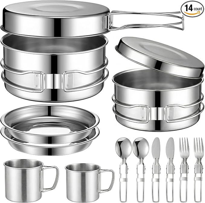 14-Piece Camping Cookware Set, 304 Stainless Steel Pots and Pans with 2 Sets of Cups, Plates, Forks, Knives, and Spoons for Camping, Backpacking, Outdoor Cooking, and Picnic
