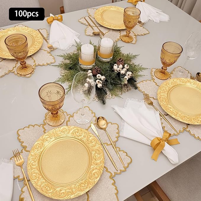 CNCEST 100 PCS Antique Charger Plates Bulk 13'' Plastic Embossed Dinner Plate Chargers Round Floral Plates for Wedding Decorative Chargers for Table Dinner Kitchen Party Decoration (Gold)