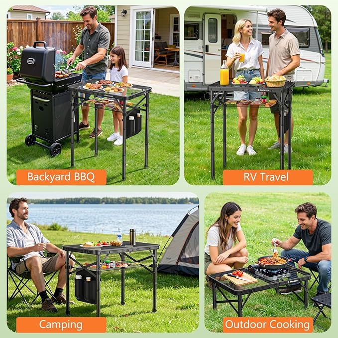 Folding Grill Table for Outside, 3 Height Adjustable Small Camping Table with Mesh Bag, Metal Aluminum Folding Table, 23.62 x 15.75 inches, Portable Grill Stand for Picnic, Camping, BBQ, Beach, Black
