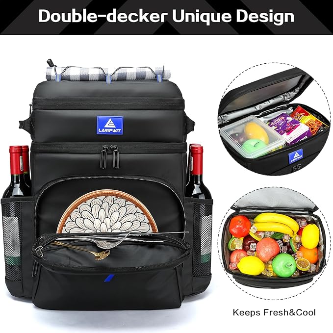 Laripwit Picnic Backpack Cooler Bag - 54 Cans Black Cooler Backpack Insulated Leak-Proof Lunch Backpack with Cooler Compartment Large Double Deck Soft Cooler Bag for Beach,Camping,Travel