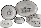 Paseo Road Ranch Life 14 Piece Melamine Plastic Dinnerware Set with Plates, Bowls and Serving Platter, Black and White, Southwestern Rustic Cabin Lodge Farmhouse Style