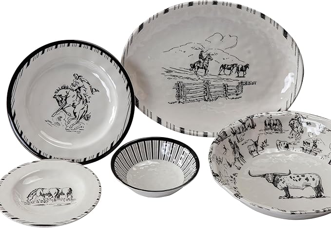 Paseo Road Ranch Life 14 Piece Melamine Plastic Dinnerware Set with Plates, Bowls and Serving Platter, Black and White, Southwestern Rustic Cabin Lodge Farmhouse Style