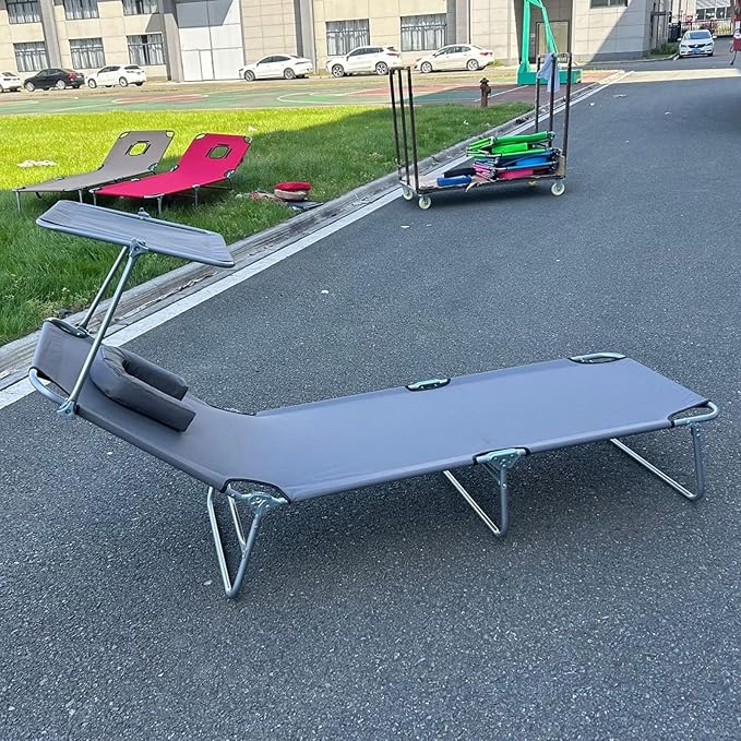 Portable Folding Bed for Adults with Neck Strap Metal Canvas Fold Up Bed with Sunshade Cots for Camping with Handles Load Bearing 160kg for Guest, Travel, Vacation, Camping(Gray)