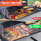 Grill Basket for Outdoor Grill, Stainless Steel Grilling Basket with Foldable Handle, Portable BBQ Cooking Rack for Fish, Vegetables, Shrimp, Chicken - Includes BBQ Skewers 6pcs,Basting Brush,Scrub Sponge-Upgrade