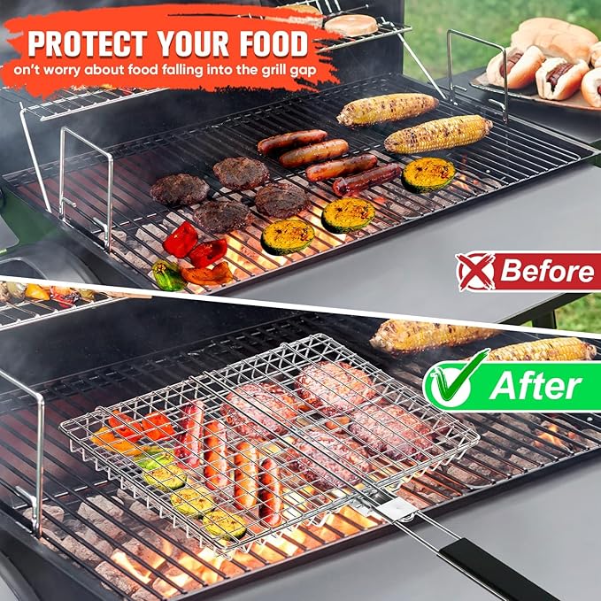Grill Baskets for Outdoor Grill|Stainless Steel Large Grilling Basket with Removable Wooden Handle|Fish Grilling Basket Grilling for Meat,Steak,Vegetables & Seafood| Grilling Gifts for Dad/Men,Perfect Grilling Accessories