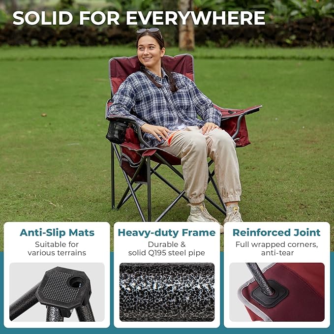 FUNDANGO Oversized Camping Chairs for Adults, Heavy Duty Fold Up Sports Games Lawn Chairs, Extra Wide Big Man Outdoor Chairs with Padded Lumbar Support Backrest, Bag Included for Camp, Beach, 2 Pack