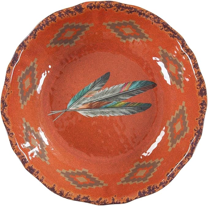 Paseo Road Tossed Feather 14 Piece Melamine Plastic Western Dinnerware Set, Orange Tan Brown Teal Aztec Tribal Print, Southwestern Rustic Dish Set with Plates, Bowls, Serving Dish