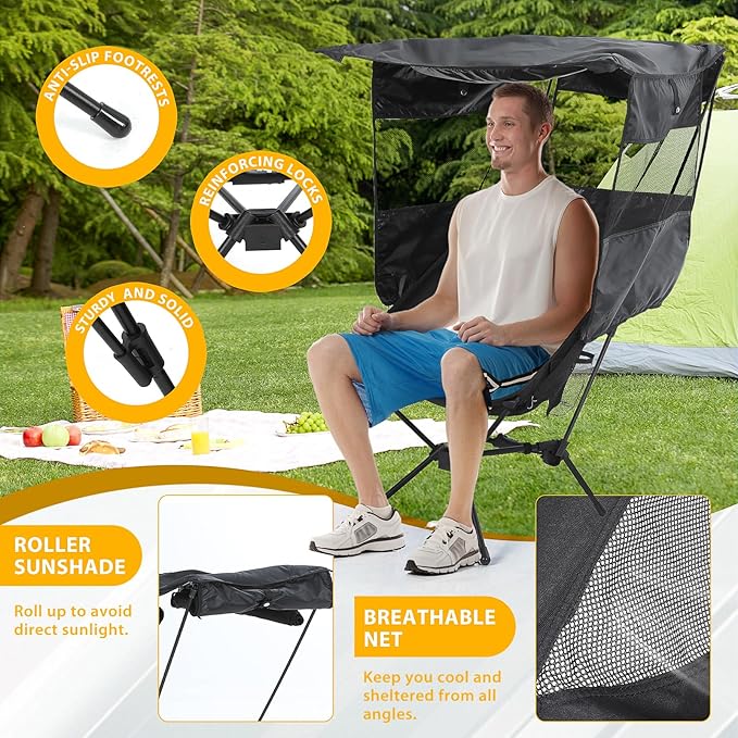 Nice C Camping Chair with Canopy, Compact Chair with Shade, Ultralight Umbrella Fishing Chairs, Portable Backpack Chairs, Lightweight, Travel, Picnic, Festival, Hiking, Sports (2 Pack Black)
