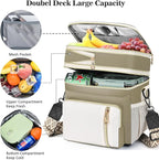 LOKASS Lunch Box for Women/Men-16L-Insulated Lunch Bag, Expandable Double-layer Leakproof Cooler Bag with Upgrade Adjustable Shoulder Strap Ideal for Work/Travel/Picnics（Beige&White）