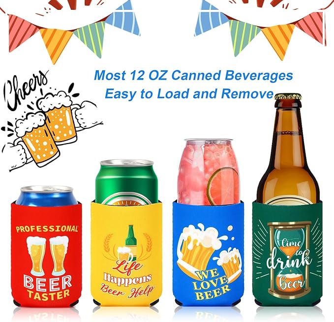 18 Pack Beer Can Cooler Sleeves Beer Can Bottle Cooler Collapsible for Holiday Father's Day Beach Themed Party Cans Bottles Decorations Office Bar Supplies Favors