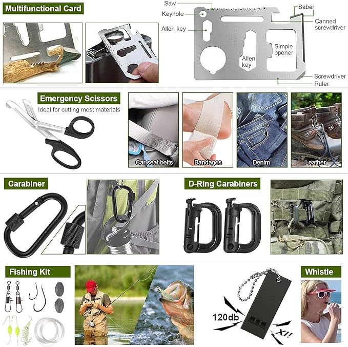 Survival Kit, 32 in 1 Professional Emergency Survival Gear Equipment Tools First Aid Supplies with Molle Pouch Gifts Ideas for Men Families SOS Tactical Hiking Hunting Disaster (Green)