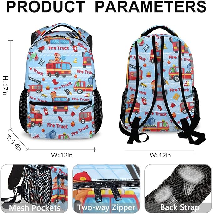 Kids Boys School Backpack, 17 Inches Fire Truck Backpacks for Toddlers 3-5, Ultralight Durable Truck Bookbag with Adjustable Straps for Kindergarten Primary Elementary, Back to School Gifts