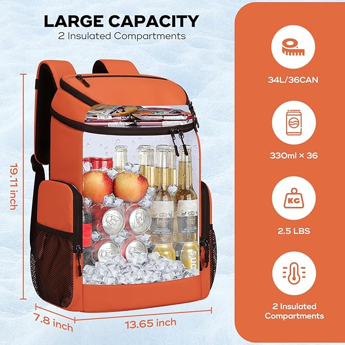 Maelstrom Backpack Cooler,36 Can Cooler Backpack,Soft Cooler Bag Insulated Leakproof,Lightweight Ice Chest Backpack,Travel Cooler Lunch Backpack for Camping,Hiking,Beach